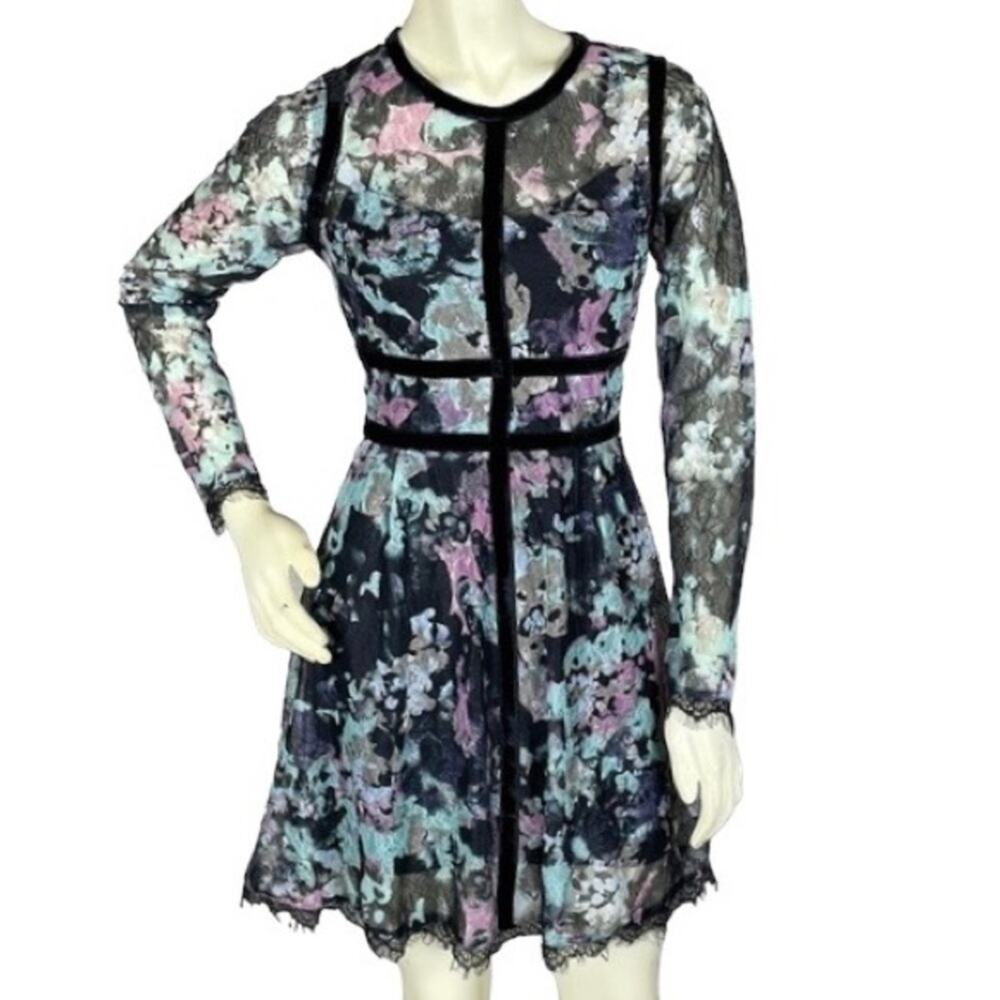 L NWT Fire Los Angeles Black Lace Overlay Velvet Cage Long Sleeve Empire Dress - Picture 2 of 11